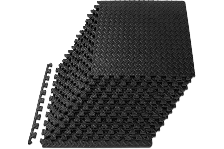 ProsourceFit Exercise Puzzle Mat ½-inch, EVA Interlocking Foam Floor Tiles for Home Gym, Workout Equipment, Kids Play Areas, Black, 48 SQ FT - 12 Tiles