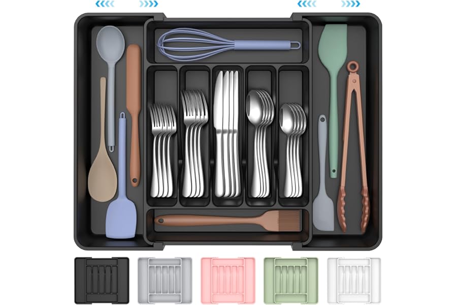ukeetap Extra Large Expandable Silverware Organizer, BPA-Free Food-Safe Cutlery Flatware Organizer, Kitchen Utensil Drawer Organizer, Adjustable Silverware Holder for Spoons Forks Knives, Black