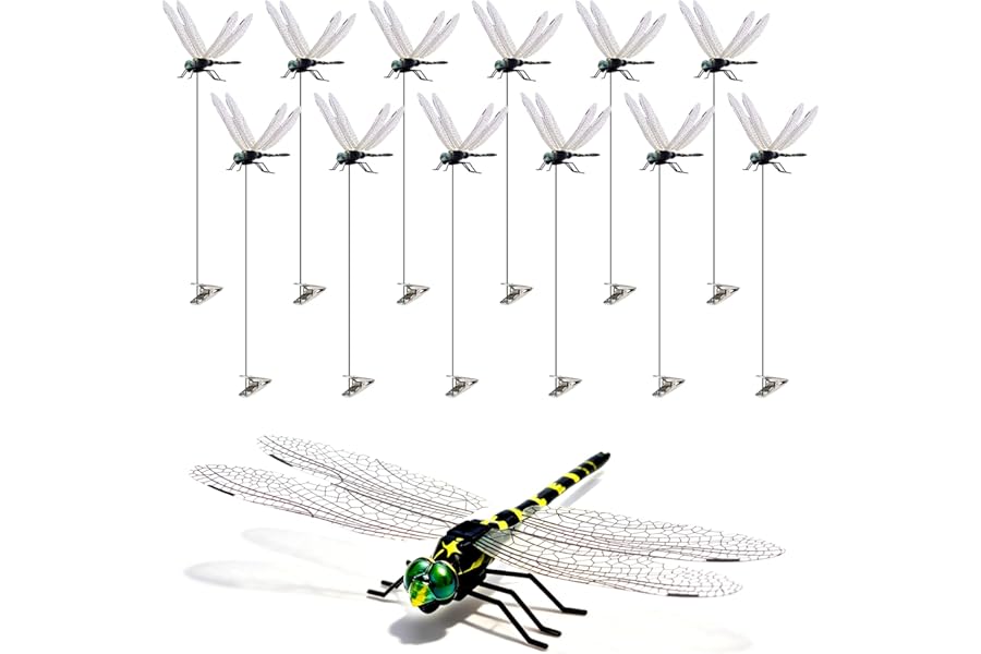 12 Pack 3D Dragonfly Clips, Fake Dragonflies with Stakes, Realistic Plastic Dragonfly Garden Decorations, Fly Deterrent Clips for Hats, Pets, Horses, Deer, Yard, Patio, Indoor & Outdoor Decor