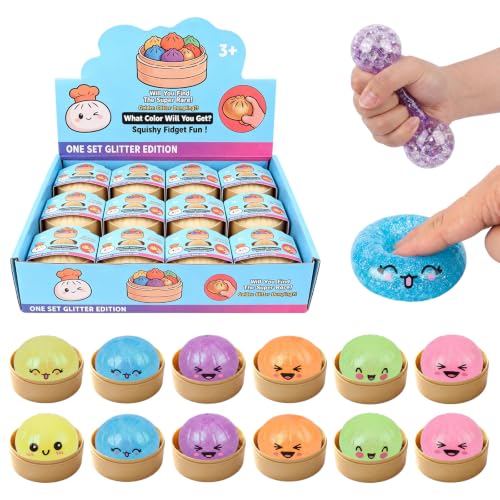 12Pcs Glitter Dumpling Squishy, Dumplings Stress Relief Set Pack Box, Fun Balls Toys Fidget Cute Sensory for Anxiety Relief Toy