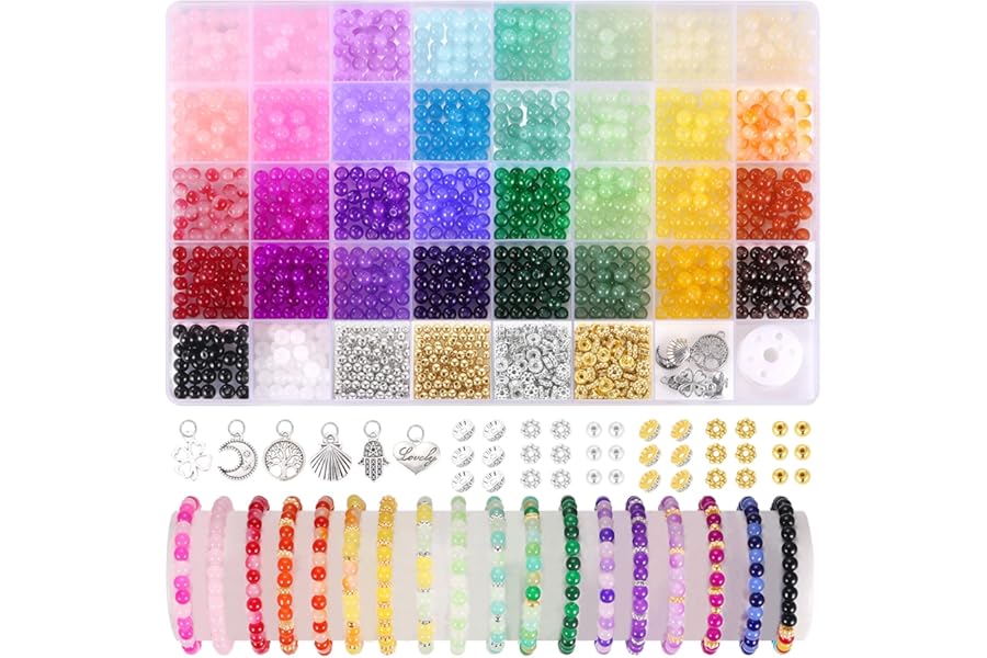 1368pcs 6mm Glass Beads for Bracelets, 34 Colors Crystal Beads for Jewelry Making, Funtopia Round Glass Beads for DIY Earrings Necklace Crafts with Spacer Beads and Charms, Solid and Gradient Colors