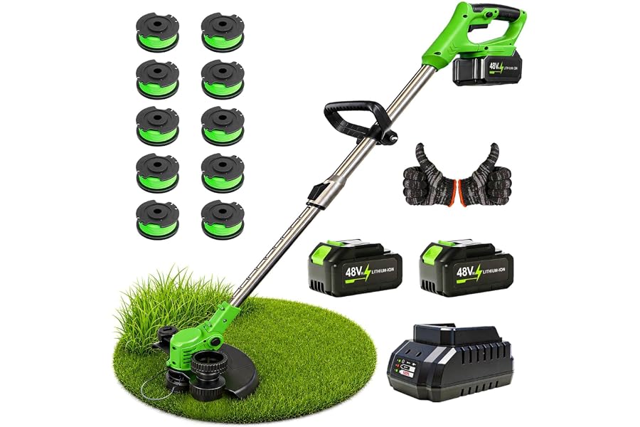 2026 New 48V 3 in 1 Cordless String Trimmer with Auto Spool Feed, 12’’ Electric Weed Wacker Cordless, 2x4.0AH Electric Weed Eater Battery Powered with 10 Replacement Spools (1, Green)