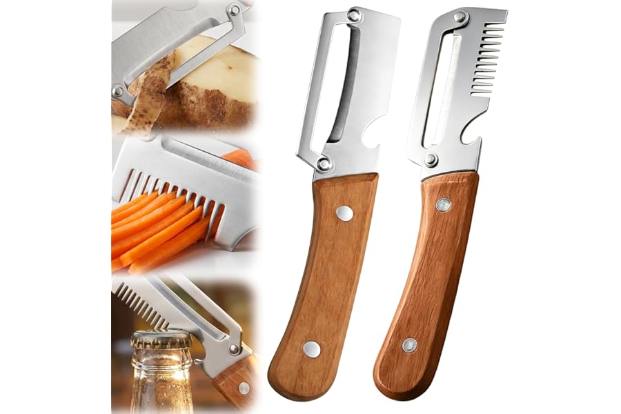 2026 Upgrade Vegetable Peeler and Julienne Peeler Set, Stainless Steel Vegetable Peelers for Kitchen with Wood Handles and Bottle Opener, 2-Pcs Multifunctional Vegetable Peeler Set