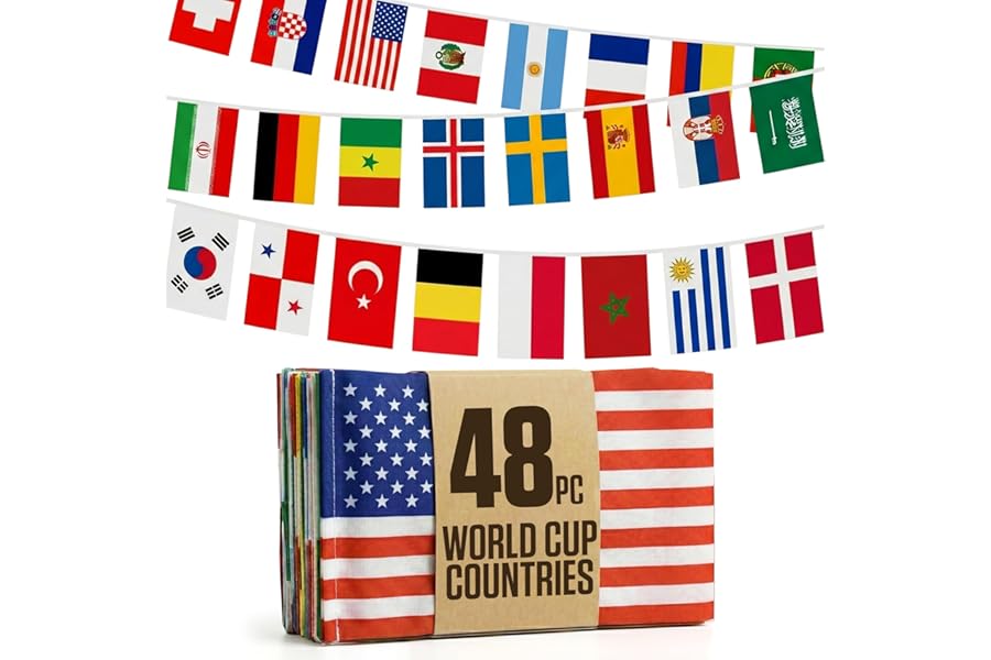 2026 World Cup Flag Bunting String 48 Countries (14x21cm), Double-Sided Polyester Rope 15m - Soccer tournament Bunting Banner for Party Decorations for Tournaments, Garden Streets & Pub Bar