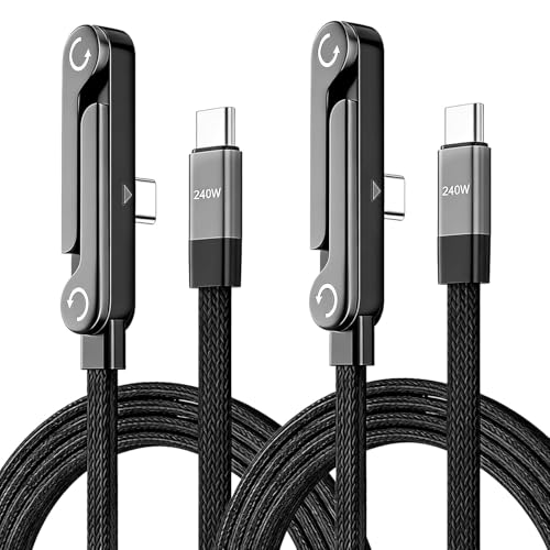 2PCS 240W USB C to USB C Cable with Invisible Phone Stand, 2-in-1 Flat Fast Charging Cable, 90 Degree Right Angle Braided Type-C Charger Cord for Smartphones, Tablets, 480Mbps Data Sync, 5ft, Black