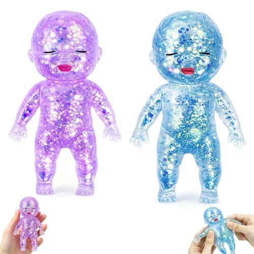 2PCS Glitter Baby Squishy Slow Rising, Big Squishy Stress Relief Balls for Adults, Soft Sensory Fidget Squishy Toys, Squishes for Office Desk, Party Favors Gifts（Blue and Purple）