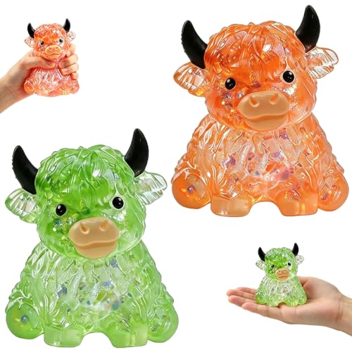 2PCS Glitter Highland Cow Squishy Fidget Toys, Stress Balls for Adults, Anxiety Relief Desk Decor, Gift for Cow Lovers