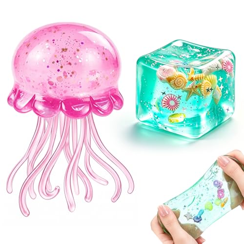 2Pcs Jellyfish Mint and Ice Cube, Slow Rising Ocean Squishy Set, Malt Sugar Squeeze Squishies, Anxiety Relief Sensory Fidget Toys Adults Party Decor