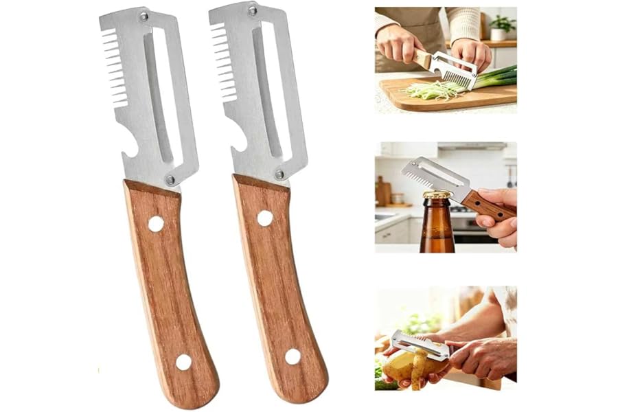 2Pcs Multifunctional Vegetable Peelers, 3-in-1 Kitchen Peeler with Wooden Handle, Stainless Steel Blade, Scallion Shredder and Built-in Bottle Opener, Fruit & Vegetable Peeling Tool