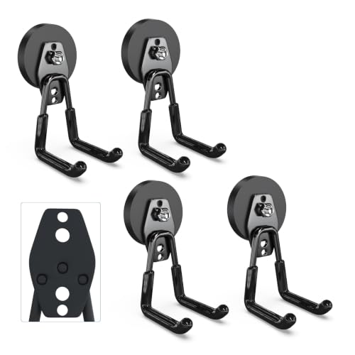 3-H UpgradedExtra Strong Magnetic Hooks,Heavy Duty Large Anti-Slip Magnet Hooks,No-Drill Tool Holder for Garage,Power Drill,Garden Tools,Hose Storage,4 Pack Black
