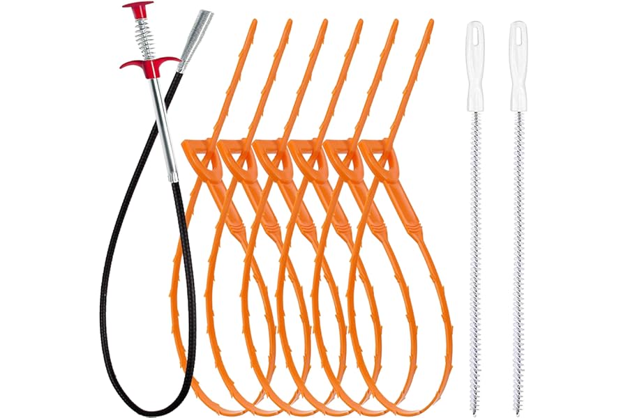 35.5inch Drain Clog Remover(1pcs), 25inch Drain Snake Hair Remover(6pcs) ＆ Cleaning Brush(2pcs), Hair Catcher Drain Auger Cleaner Tool Set For Toilet, Kitchen Sink, Bathroom Tub, Sewer, 9 Pack