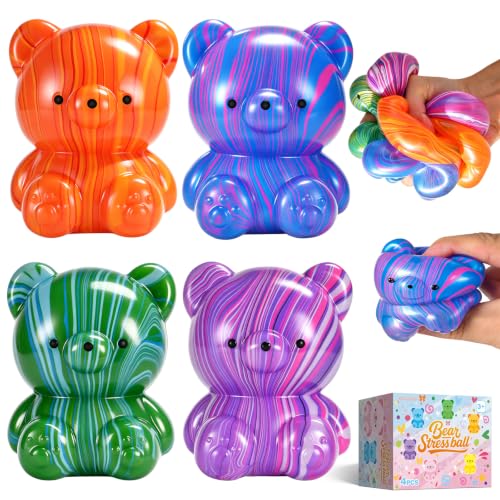 4 Pack Bear Squishy Fidget Toys, Squishies Slow Rising Stress Balls for Adults Kids, Sensory Squeeze Toys for Anxiety Relief, Classroom Prizes Party Favors Gifts (4PC-Bear)
