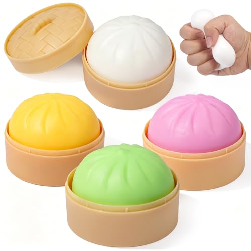 4 Pack Dumpling Squishies Toy Mystery Box Random Color, Colorful Dumplings Stress Balls Fidget Sensory Toy, Bun with Food Steamer Stretchy Desk Toys Soft Squeeze Decompression Dough for Adults Kids