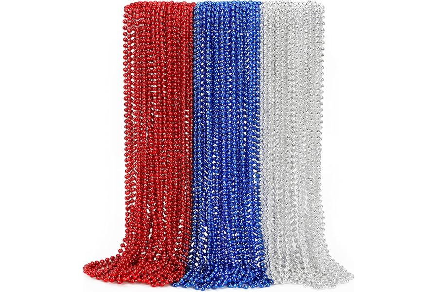 4th of July Party Favors, 12PCS 250th Anniversary Patriotic Necklaces Bulk, Fourth of July Red Blue Silver Beads Necklace, Independence Day Beads Bulk for Parade Party Celebration Favors Decorations