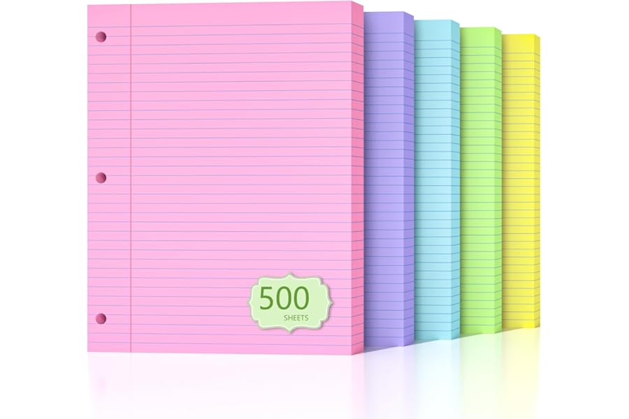 500 Sheets Loose Leaf Paper 8" x 10.5" Colored Filler Paper College Ruled 3-Hole Punched Lined Paper Notebook Paper for 3-Rin