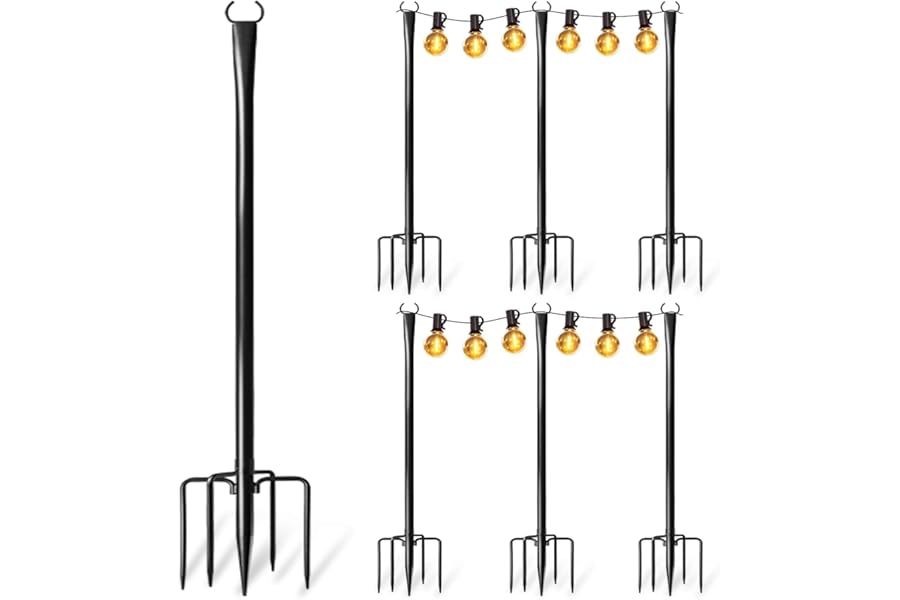 6 Pack String Light Poles for Outside, Upgraded Heavy-Duty Metal Poles for Outdoor String Lights with Fork, Adjustable Lighting Hanging Accessories for Patio Decor Pergola Backyard Garden Decorations