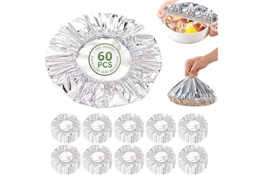 60Pcs Reusable Aluminum Foil Food Covers, 8.66 Inch Aluminum Foil Insulation Cover, Heat-Insulating Aluminum Foil Food Covers, Elastic Foil Covers for Kitchen Freshness Preservation and Insulation