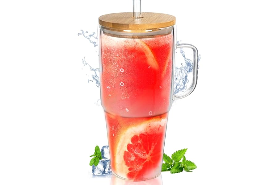 ANOTION Glass Cups with Lids and Straws - 40 Oz Tumbler with Handle and Straw Glass Water Bottles Drinking Glasses with Straws Iced Coffee Cups Travel Coffee Mug Smoothie Tumbler