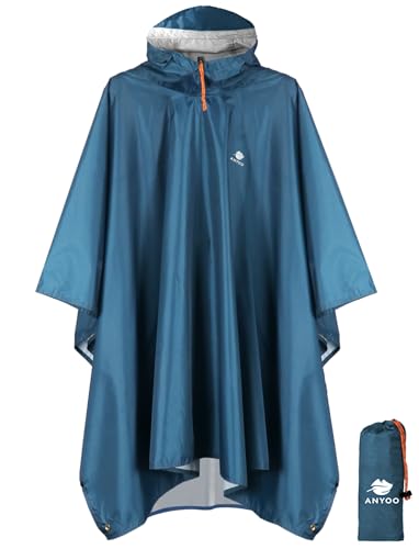 ANYOO Hooded Rain Poncho for Adults Waterproof Lightweight Rain Coats for Men Women Reusable Rain Jacket for Emergency Camping Outdoor Activities (Sea blue) One Size
