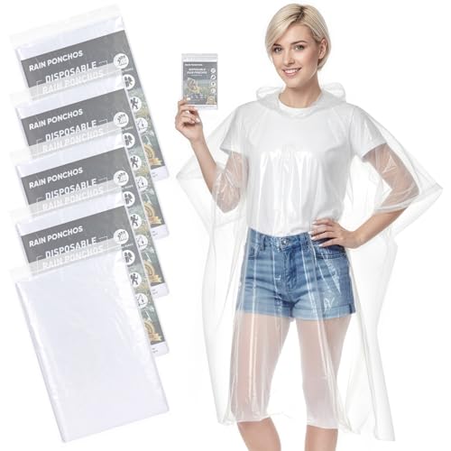 APEXUP Disposable Rain Ponchos for Adults, 5PK/10PK/50PK Emergency Rain Poncho for Camping Hiking Travelling (Clear, 5 Pack)