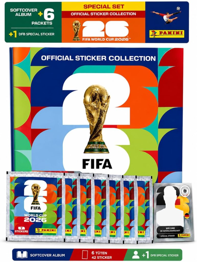 ATHLEJOY Set de iniciación XXL Fan World 2026 – Álbum de pegatinas original Panini, 1 plan de juego y 2 bandas para el sudor de Alemania (juego de iniciación XL (cubierta suave + 6 bolsas y pegatinas