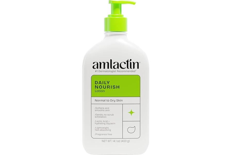 AmLactin Daily Nourish Therapeutic Body Lotion for Dry Skin - No-Scrub Exfoliator and Moisturizer 12% Lactic Acid Lotion, 14.1 oz (Packaging May Vary)