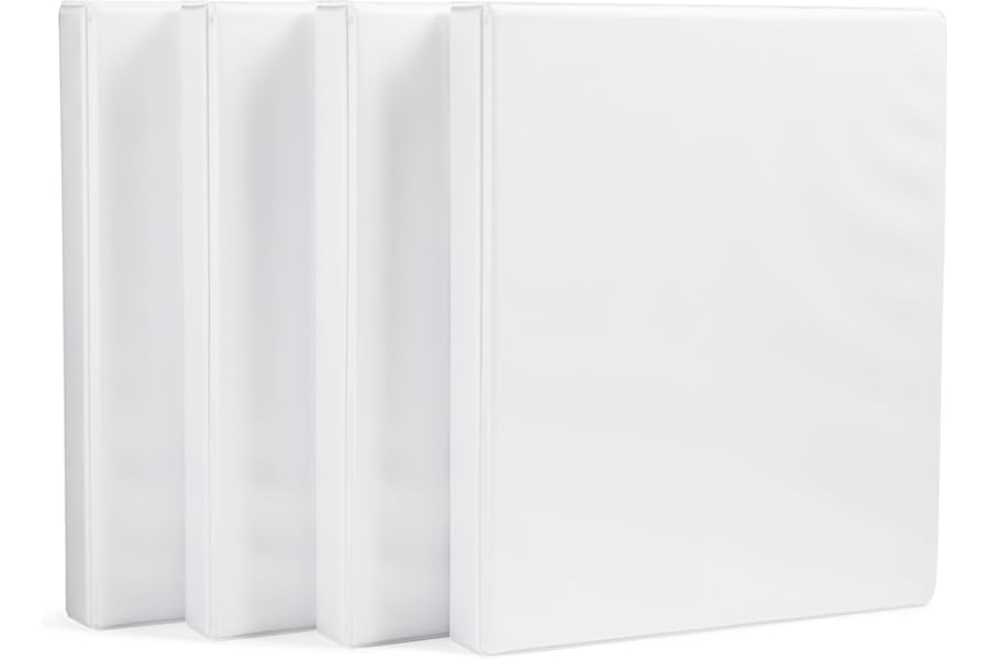 Amazon Basics 3-Ring Binder with Round Rings and Interior Pockets, 1-Inch, White, 4-Pack