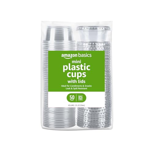 Amazon Basics Disposable Plastic To-Go Cups and Lids, Mini, 2oz, 50 Count, BPA Free, for Condiment, Salad Dressing, Sauces, Jello Shots