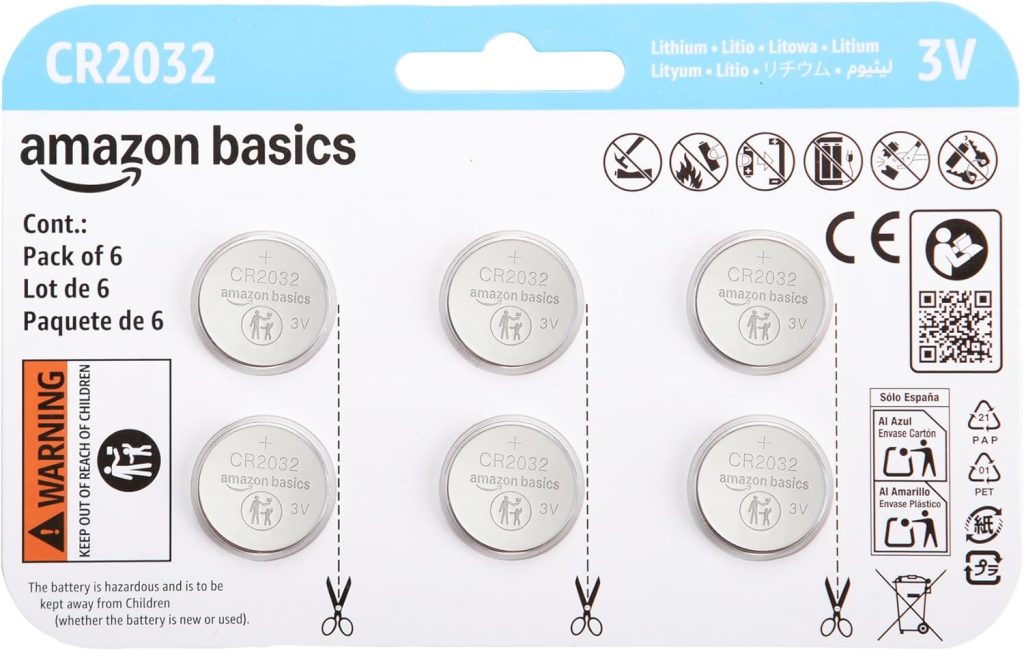 Amazon Basics Lot de 6 piles bouton CR2032 au lithium, 3 V, puissance longue durée, sans mercure