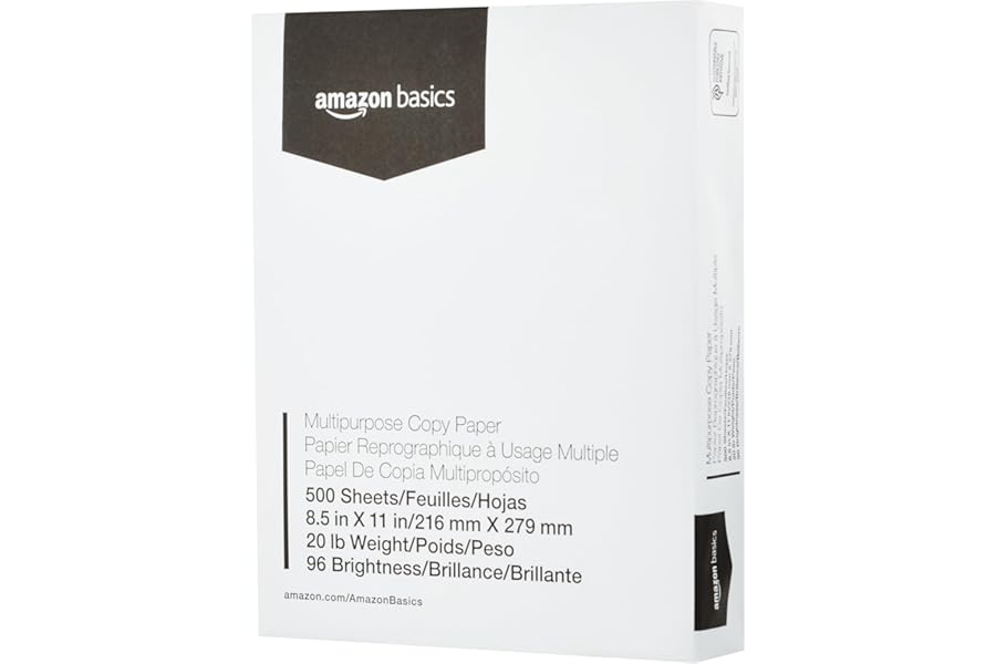 Amazon Basics Multipurpose Copy Printer Paper, 8.5 x 11 Inches, 20 lb Weight, 96 Bright White, 500 Sheets (1 Ream)