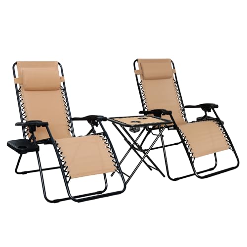 Amazon Basics Outdoor Textilene Adjustable Zero Gravity Folding Reclining Lounge Chair Set with Cup Holder, Side Table, Headrest, Weather-Resistant, 35 x 26 x 43 inches, Beige, 2-Pack