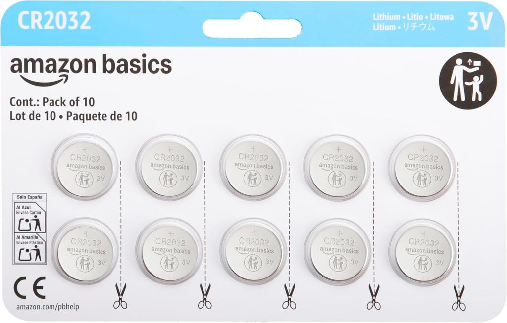 Amazon Basics - Paquete de 10 pilas de litio de botón CR2032, 3 voltios, larga duración, sin mercurio