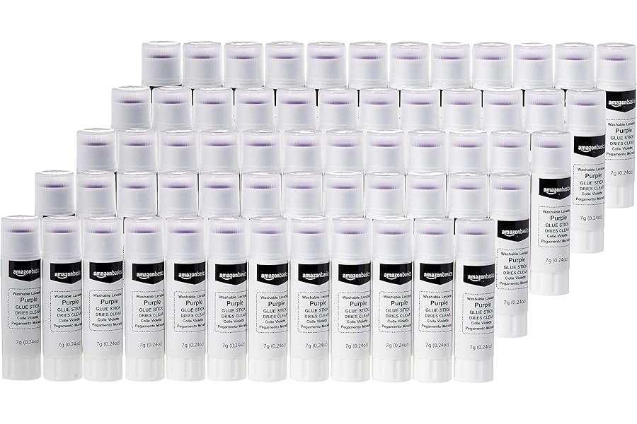Amazon Basics Purple Washable School Glue Sticks for Classroom Supplies and Craft Projects, Dries Clear, 0.24-oz Stick, 60-Pack