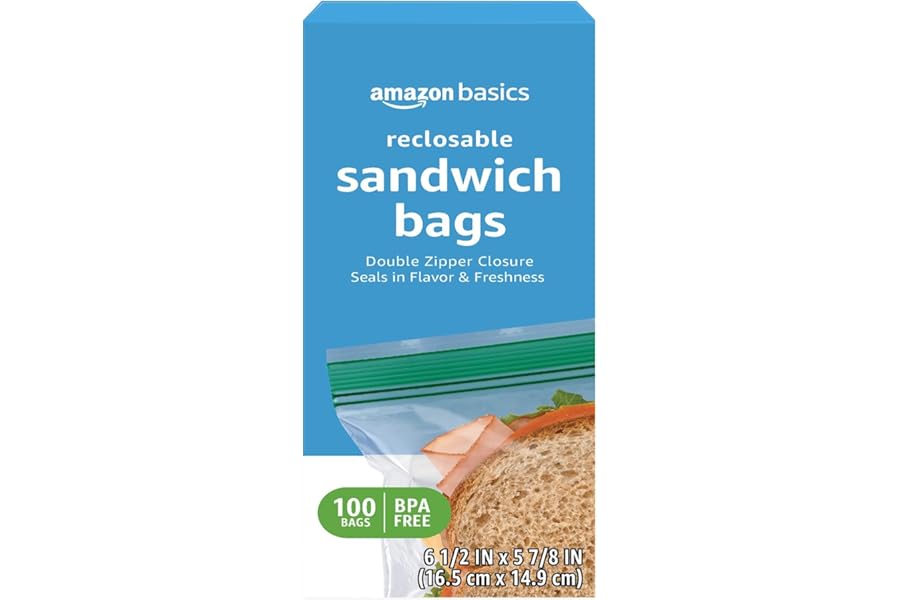 Amazon Basics Reclosable Double Zipper Sandwich Storage Bags for Food Storage, BPA Free, 100 Count