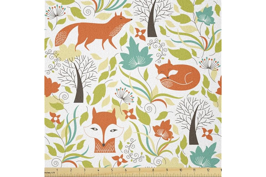 Ambesonne Cartoon Fabric by The Yard, Wild Fox Wolf with Leaves Flowers and Leafless Trees Print, Stretch Knit Fabric for Clothing Sewing and Arts Crafts, 2 Yards, Orange Green and Blue