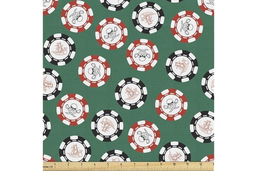 Ambesonne Casino Fabric by The Yard, Poker Chips Pirates Money Diagonal Bones Skull Risk Art, Decorative Fabric for Upholstery and Home Accents, 1 Yard, Jade Green