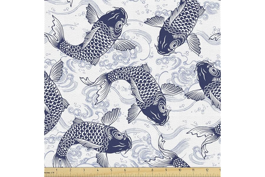 Ambesonne Fish Fabric Material by the Yard, Japanese Carp Koi Waves Patterned Background Ancestral Animals Culture, Decorative Cloth for Furnishing Sofa Upholstery and Home Accents, 1 Yard, White Blue