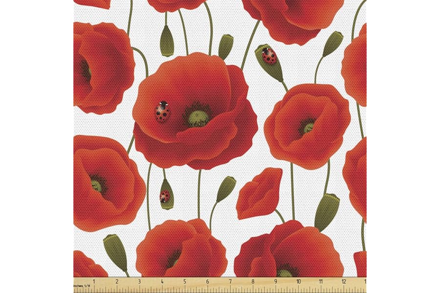 Ambesonne Poppy Flower Fabric by The Yard, Springs Ladybugs Animals and Plants Flora Fauna Nature, Decorative Fabric for Upholstery and Home Accents, 1 Yard, Red Green