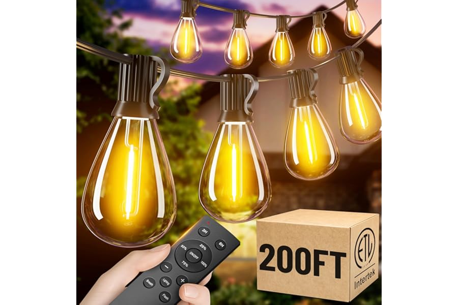 Amzrap 200FT Outdoor String Lights with Remote, Waterproof Patio Lights with 72+2 Shatterproof LED Bulbs, Low Voltage Adapter for Backyard Garden Porch Bistro Decor, Timer & Dimmer Modes