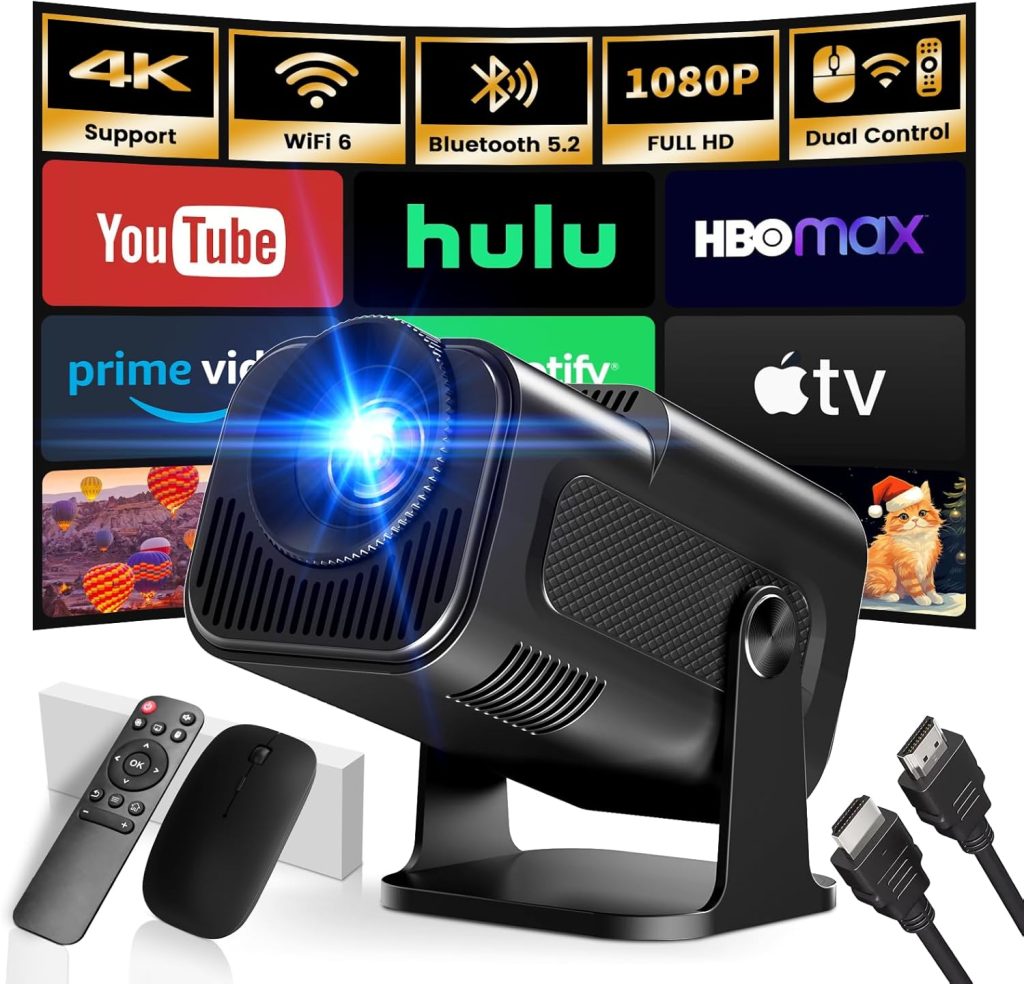 [App Integrada] 2026 Upgraded Proyector Portátil 1920x1080P 4K Supote Videoproyector Dual Control WiFi 6 BT5.2 180° Rotation Compatible con HDMI/TV Stick/USB/Laptop, Negro