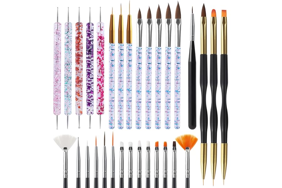 Artdone 31pcs Nail Art Brushes, Nail Art Tool Set, Dotting Tools, Dust Brush,Striping Brushes for Long Lines, Drawing Pen For Gel Polish Design supply