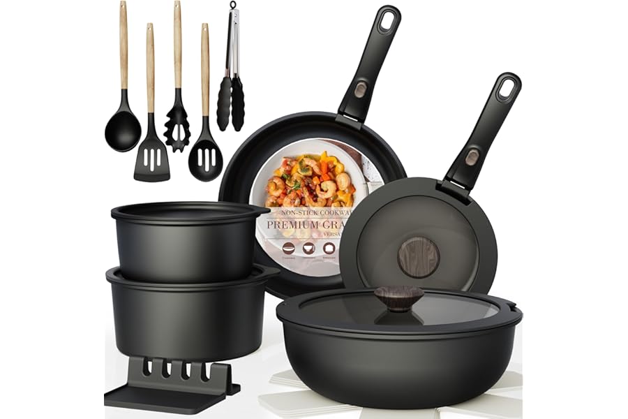 Astercook 21 Pcs Pots and Pans Set Non Stick, Ceramic Cookware Set Detachable Handle, RV Kitchen Cooking Set Removable Handles, Oven Safe, Induction Ready, Stackable, Black, Fathers Day Gift for Men