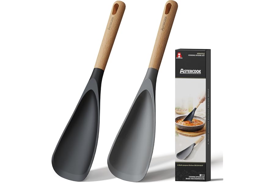 Astercook Cooking Spoon, Nonstick Safe Silicone Spatula with Long Wooden Handles, Heat Resistant, BPA-Free, Built-in Spoon Rest, 2 Pack Spatula Spoon for Stirring, Scooping, Scraping and Serving