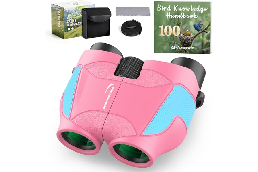 Aurosports 15x25 Compact Binoculars for Kids - Small Binoculars Lightweight with Carrying Case Birding Guide for Bird Watching Hiking Camping Travel Gift for 8-12 Years Boys Girls (Pink)