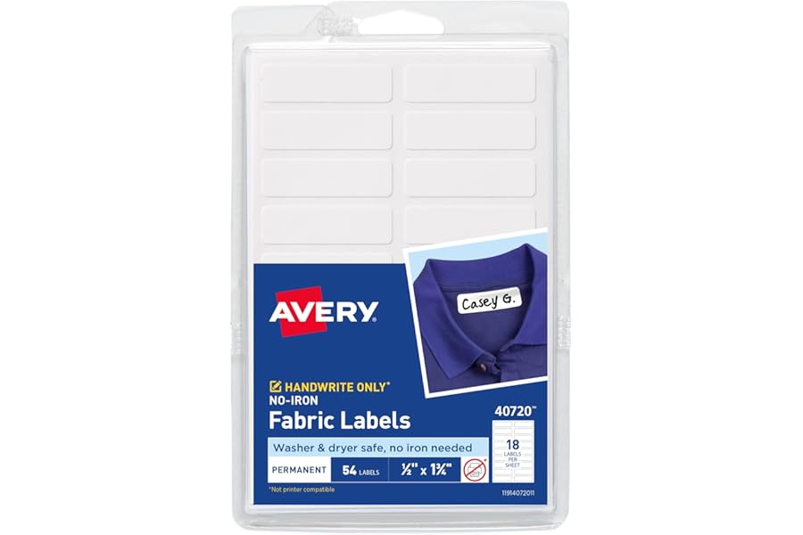 Avery No-Iron Fabric Labels, 1/2" x 1-3/4", Washer and Dryer-Safe Waterproof Labels, Non-Printable, 54 Total (40720)