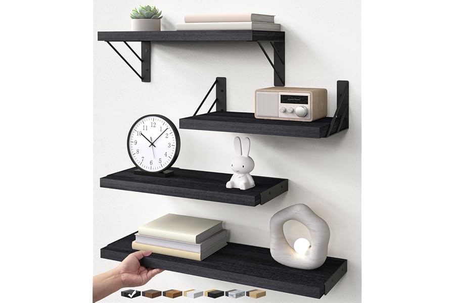 BAYKA Wall Mounted Floating Bathroom Shelves, Wood Wall Shelf for Bathroom Essentials & Decor, Space-Saving Display & Organizer (Black, Set of 4)