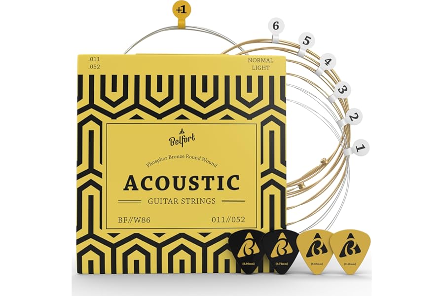 BELFORT® quality acoustic guitar strings - 6 string set - Premium coating with Phosphor Bronze (guitar strings acoustic 6 string set) BONUS: 4 Picks + 1 High E String - cuerdas para guitarra acustica