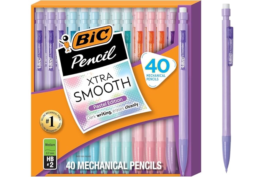 BIC Xtra-Smooth Pastel Mechanical Pencils with Erasers, Medium Point (0.7 mm), Bulk School Supplies for Students and Teachers, 40-Count Pack