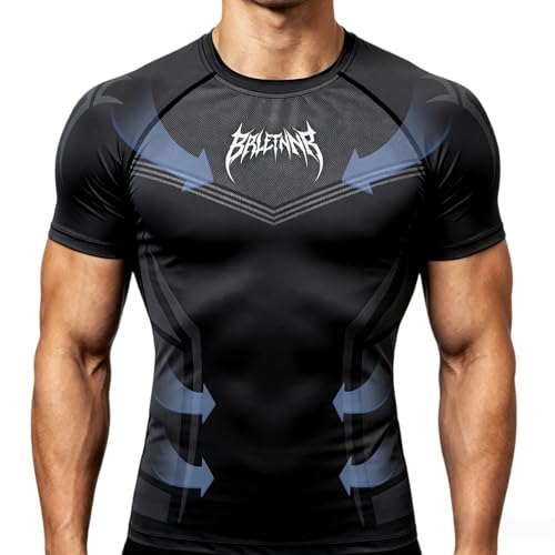 BRLETNNR Mens Short Sleeve Compression Shirt Gym Workout Tops Base Layer Fashion Printed for Athletic Fitness Casual Wear XXL Black