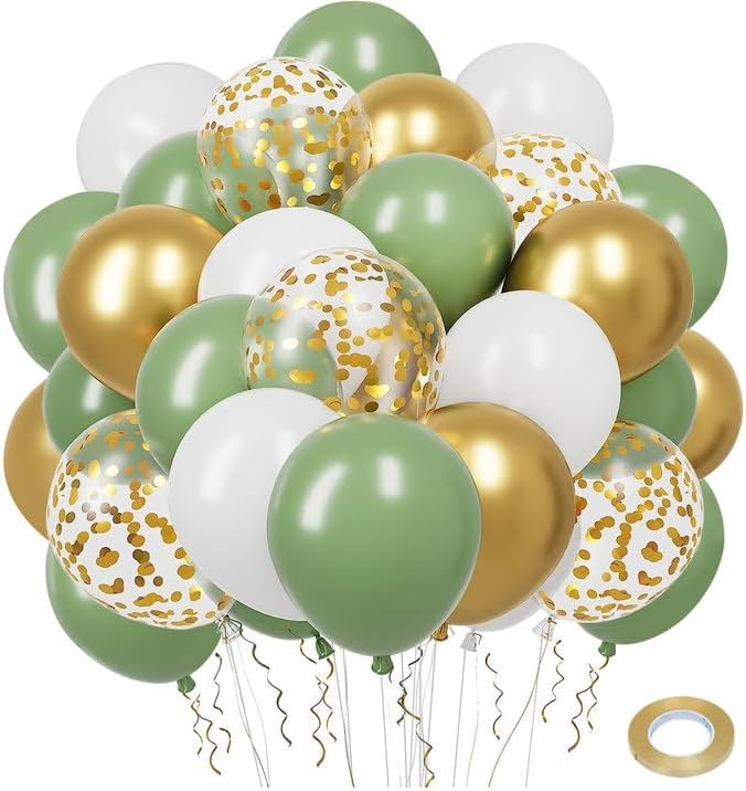 Ballons Anniversaire Vert Or,50 Pcs Ballons Rétro Verts Et Or Blanc Confettis Ballon Mariage,Ballon Vert Sauge Pour Décoration Anniversaire,Mariage, Baby Shower Decoration Bapteme Garcon, 12 Pouces
